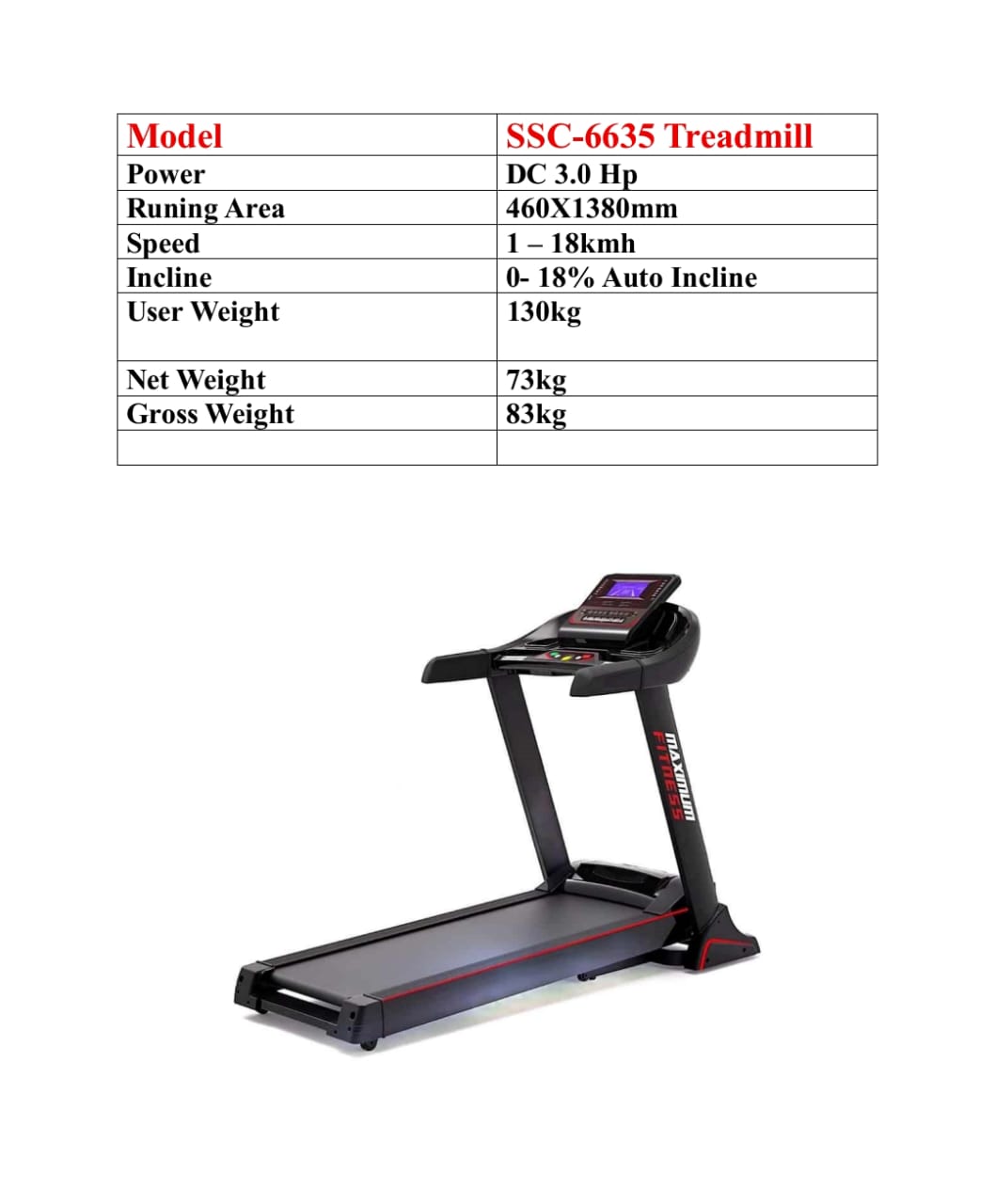 SSC-6635 Electric Treadmill with 3.0 HP Motor & 18% Auto Incline